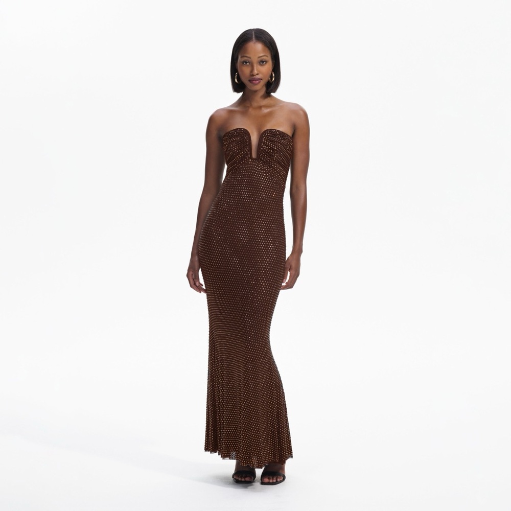 Self-Portrait Brown Strapless Maxi Dress